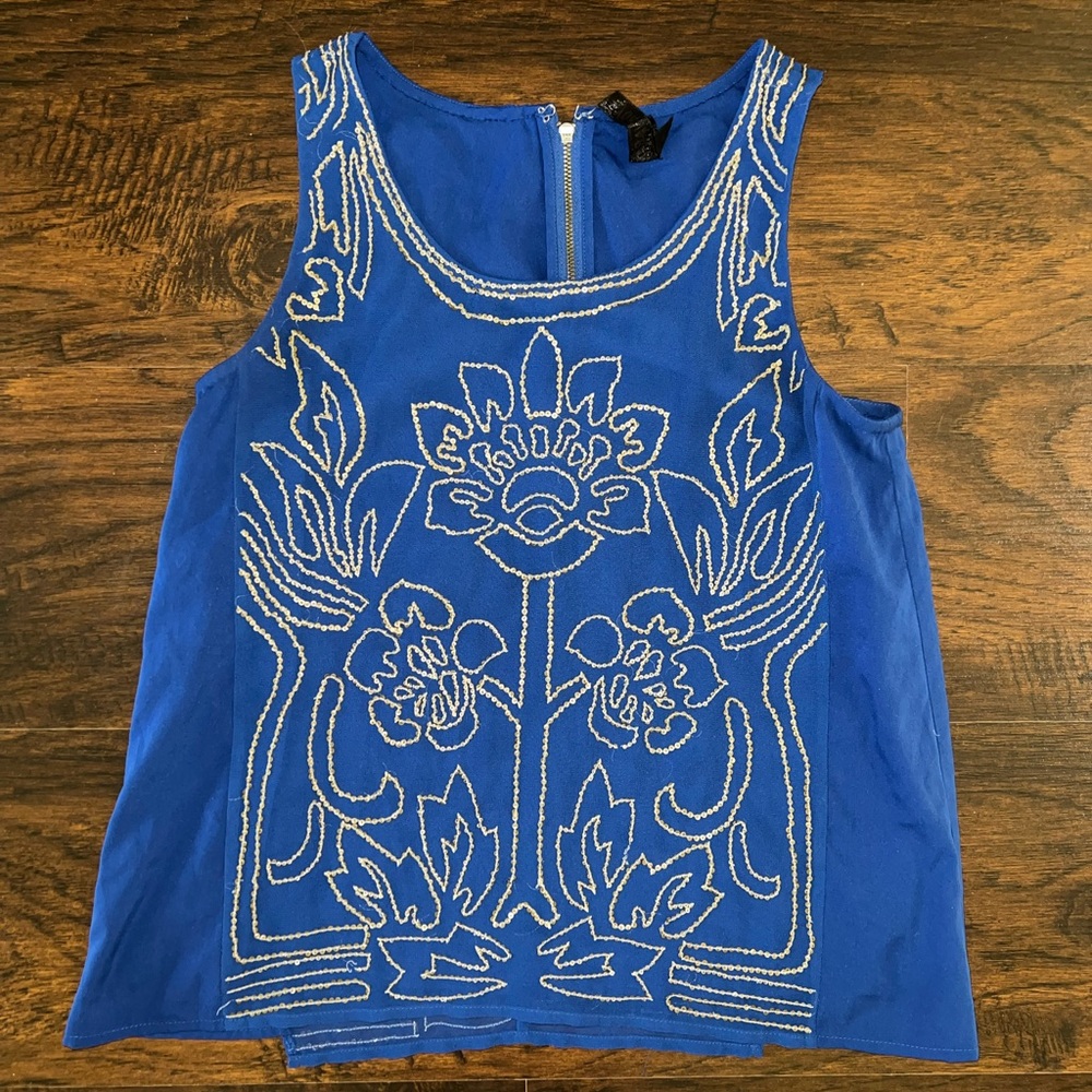 Yoana Baraschi Royal Cobalt Blue Gold Sequin Tank Top Shirt Blouse Small S